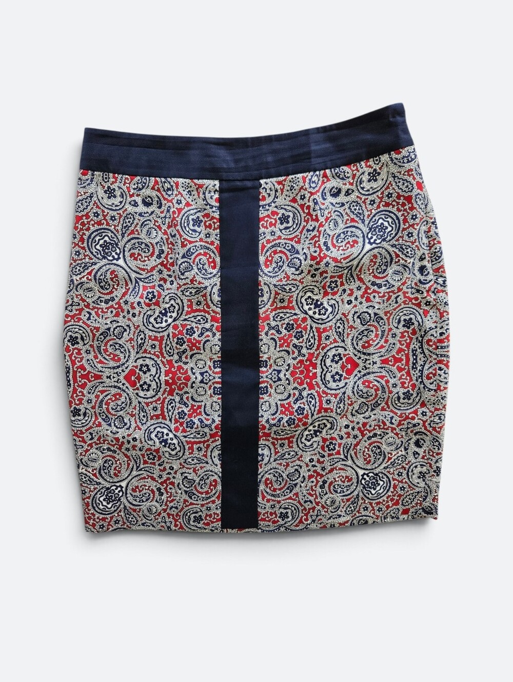 Brooks Brothers 100% Silk Satin Navy Blue Maroon Paisley Straight Mini Skirt 6